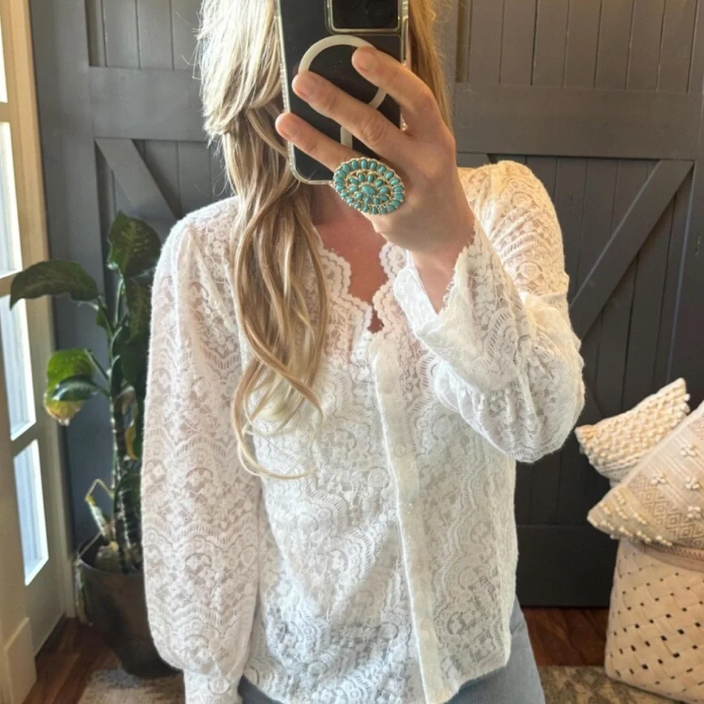 Scalloped Lace Button Front White Blouse Romantic Boho Style, Feminine Top - Picture 9 of 11
